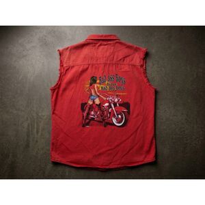 Vintage Biker Design Sleeveless Denim vest L Red Sturgis Rally Graphic Cutoff